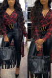 Red and black Casual Plaid V Neck Long Sleeve Regular Sleeve Longer In The Rear Two Pieces