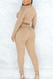 Apricot Fashion Sexy Adult Solid Split Joint O Neck Long Sleeve Regular Sleeve Short Two Pieces