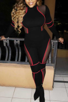 Black Sexy Polyester Solid Split Joint O Neck Straight Jumpsuits