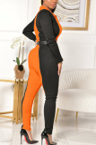Orange Fashion Sexy Adult Patchwork Solid Patchwork Turndown Collar Skinny Jumpsuits