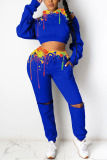 Blue Fashion Sportswear Adult Spandex Print Patchwork Hooded Collar Long Sleeve Cold Shoulder Short Two Pieces