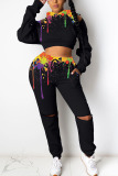 Grey Fashion Sportswear Adult Spandex Print Patchwork Hooded Collar Long Sleeve Cold Shoulder Short Two Pieces