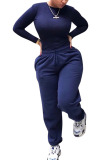Blue Fashion Casual Adult PVC Solid Split Joint O Neck Long Sleeve Regular Sleeve Regular Two Pieces