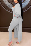 Grey Fashion Daily Adult Solid Split Joint Turndown Collar Long Sleeve Regular Sleeve Long Two Pieces