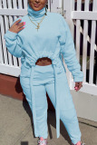 Baby Blue Sweet Solid Draw String Turtleneck Long Sleeve Regular Sleeve Short Two Pieces