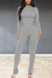 Grey Fashion Casual Adult Solid Draw String Fold O Neck Long Sleeve Regular Sleeve Regular Two Pieces