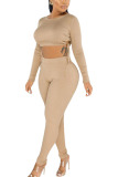 Apricot Fashion Sexy Adult Solid Split Joint O Neck Long Sleeve Regular Sleeve Short Two Pieces