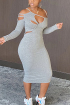 Grey Sexy Cotton Solid Hollowed Out Split Joint Long Sleeve Knee Length Dresses