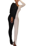 Black and white Fashion Casual Adult Patchwork Solid Patchwork V Neck Skinny Jumpsuits