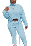 Baby Blue Sweet Solid Draw String Turtleneck Long Sleeve Regular Sleeve Short Two Pieces