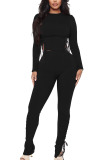 Black Fashion Casual Adult Solid Draw String Fold O Neck Long Sleeve Regular Sleeve Regular Two Pieces