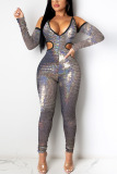 Coffee Fashion Sexy Adult Solid Sequined V Neck Skinny Jumpsuits
