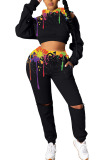Blue Fashion Sportswear Adult Spandex Print Patchwork Hooded Collar Long Sleeve Cold Shoulder Short Two Pieces
