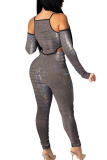 Silver Fashion Sexy Adult Solid Sequined V Neck Skinny Jumpsuits