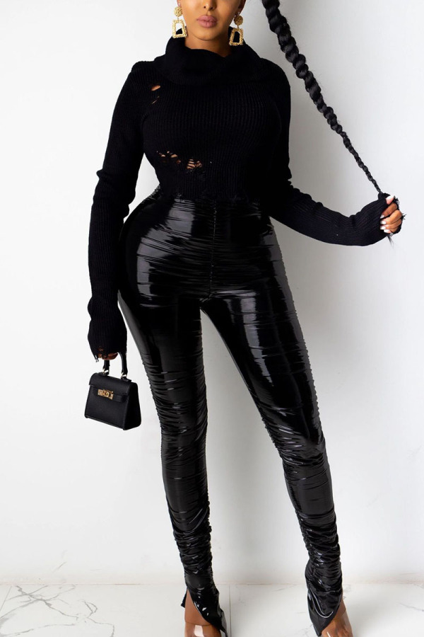 Black Casual Faux Leather Solid Skinny Bottoms