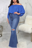 Dark Blue Sexy Solid Ripped Plus Size Jeans