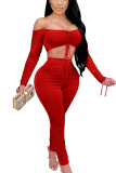 Red Sexy Polyester Solid Split Joint Draw String Fold Strapless Long Sleeve Short Two Pieces