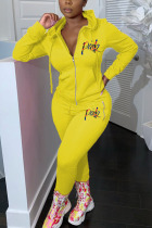 Yellow Casual Embroidered Hooded Collar Two Pieces