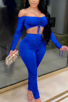 Blue Sexy Polyester Solid Split Joint Draw String Fold Strapless Long Sleeve Short Two Pieces
