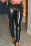 Black Casual Faux Leather Solid Bandage Skinny Bottoms