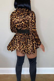 Khaki Fashion Leopard Camouflage Print Split Joint POLO collar Asymmetrical Dresses