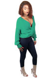 Green Polyester Cotton V Neck Long Sleeve Solid 