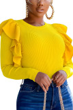Yellow Fashion Sexy Adult Solid Split Joint Flounce O Neck Tops