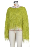 Mustard yellow knitting O Neck Long Sleeve HOLLOWED OUT tassel Solid 
