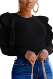 Black Fashion Sexy Adult Solid Split Joint Flounce O Neck Tops