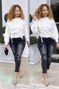 White Polyester One word collar Long Sleeve bow-knot HOLLOWED OUT Patchwork asymmetrical Solid  Sweaters &