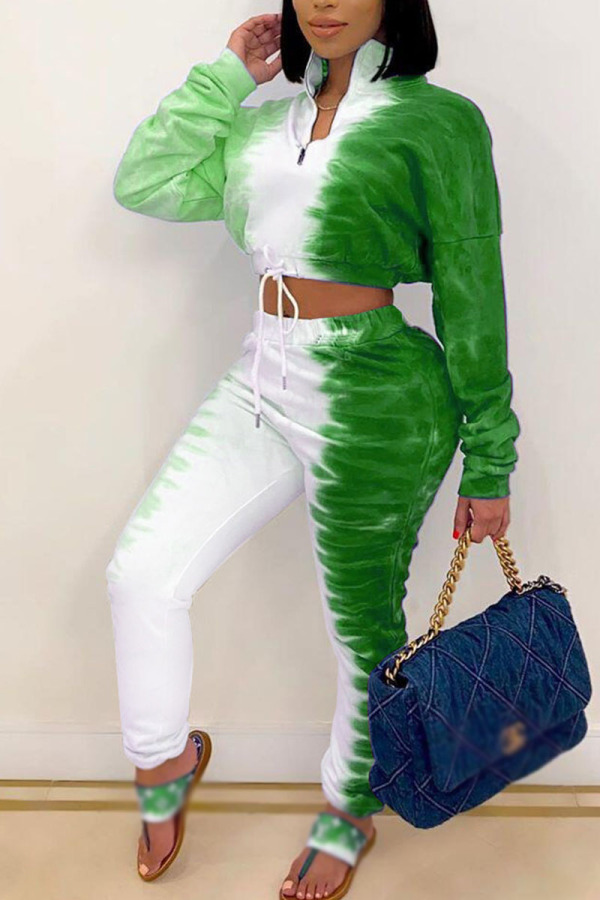 Green Fashion Casual Blends Striped Print Draw String Mandarin Collar Long Sleeve Cap Sleeve Short Two Pieces