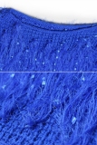 Blue knitting O Neck Long Sleeve HOLLOWED OUT tassel Solid 