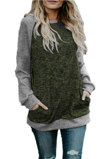 Army Green O Neck Long Sleeve Patchwork  Sweaters & Cardigans