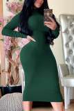 Black Fashion Sexy Adult Milk Fiber Solid Split Joint Turtleneck Long Sleeve Knee Length One-piece Suits Dresses