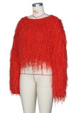 Red knitting O Neck Long Sleeve HOLLOWED OUT tassel Solid 
