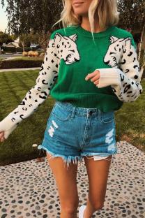 Green Polyester O Neck Long Sleeve Animal Prints Solid Patchwork 
