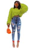 Blue knitting O Neck Long Sleeve HOLLOWED OUT tassel Solid 