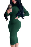 Dark green Fashion Sexy Adult Milk Fiber Solid Split Joint Turtleneck Long Sleeve Knee Length One-piece Suits Dresses