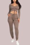 Light Brown Fashion Sexy Casual Blends Solid Draw String Fold Square Collar Long Sleeve Cap Sleeve Two Pieces
