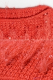 Red knitting O Neck Long Sleeve HOLLOWED OUT tassel Solid 