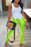 Fluorescent green Fashion Street Adult Faux Leather Solid Pants Skinny Bottoms