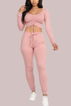 Pink Fashion Sexy Casual Cotton Blends Solid Draw String Fold Square Collar Long Sleeve Cap Sleeve Two Pieces
