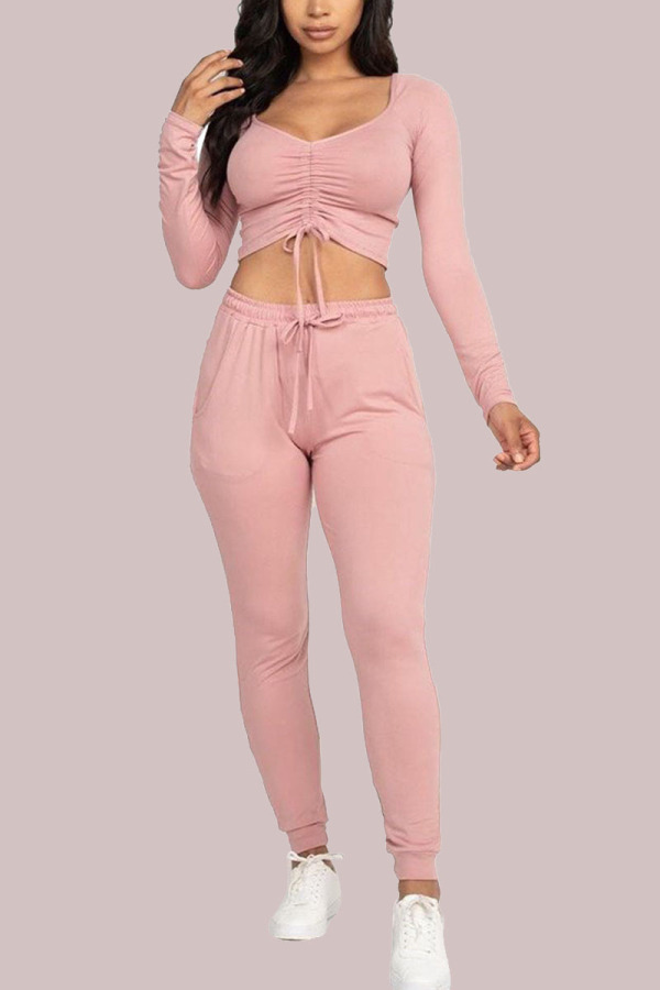 Pink Fashion Sexy Casual Blends Solid Draw String Fold Square Collar Long Sleeve Cap Sleeve Two Pieces