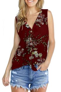 Red Polyester V Neck Sleeveless asymmetrical Print Button Floral  Sweaters & Cardigans