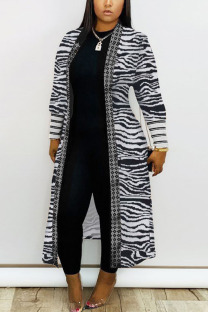 Light Gray Daily Twilled Satin Print Cardigan O Neck Outerwear