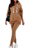 Brown Fashion Casual Adult Patchwork Solid Split Joint Hooded Collar Long Sleeve Regular Sleeve Regular Two Pieces