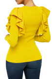 Yellow Fashion Sexy Adult Solid Split Joint Flounce O Neck Tops