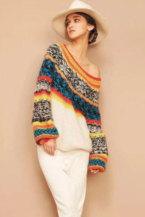 Multi-color Arylic One Shoulder Collar Long Sleeve Patchwork