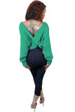 Green Polyester Cotton V Neck Long Sleeve Solid 
