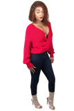 Red Polyester Cotton V Neck Long Sleeve Solid 